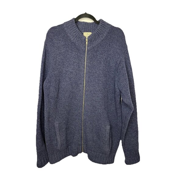 LL Bean Vtg Sweater Mens Large Tall Blue Lambs Wool Full Zip Pockets Knit 1E - Picture 1 of 7